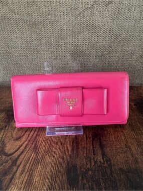 Prada Hot Pink Saffiano Leather Bow Continental Wallet